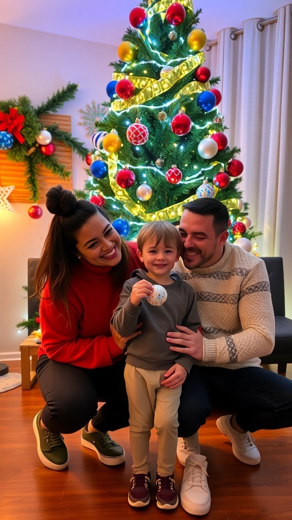 A happy family of three posing by a Christmas tree with ornaments and lights.